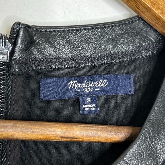 Madewell Black Casual Round Neck Leather Trim Skater Short Sleeve Dress S Women - Picture 4 of 9